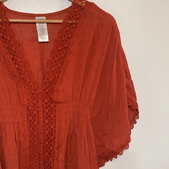 Time & True Rust Boho Crochet Fringe Gauze Pop Over Top One Size - Picture 2 of 6